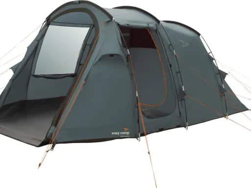Mörkgrått tält med orange detaljer och ståhöjd. Perfekt för campingäventyr.