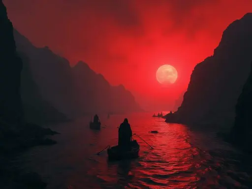Boote gleiten durch einen blutroten Himmel, der wie eine **Fluss-Unterwelt** wirkt. Berge ragen im Nebel auf, während eine große, rote Mondscheibe den Weg erhellt.