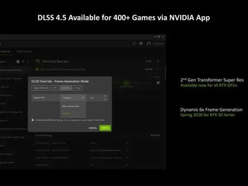 NVIDIA App pokazuje, jak włączyć DLSS dla gry Call of Duty: Black Ops, ustawiając tryb generowania klatek.