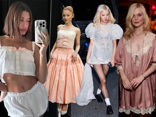 Four women showcase coquette style: Hailey Bieber in white lingerie, Ariana Grande in a peach ballgown, Rosé in a sheer white dress, and Elle Fanning in a pink satin robe.