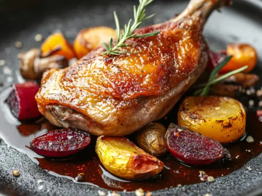 Confit de canard, une des spécialités de Dordogne, servi avec des légumes rôtis et une sauce savoureuse.