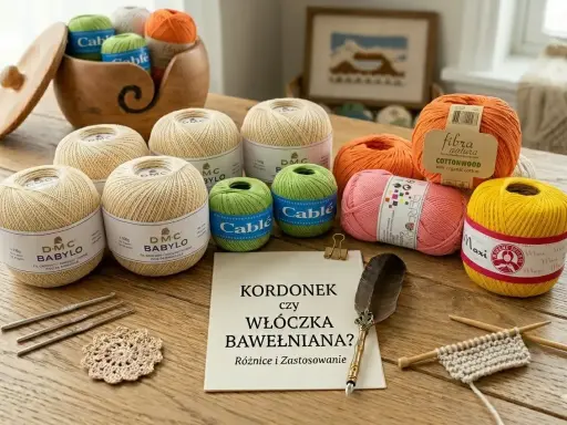 Różne rodzaje włókien: bawełniane kordonki i włóczki w pastelowych kolorach, przybory do szydełkowania i druty.