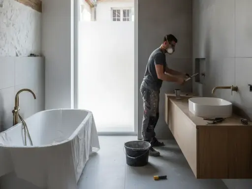 Un ouvrier masqué travaille sur la **rénovation baignoire** et le lavabo dans une salle de bain moderne en cours d'aménagement.