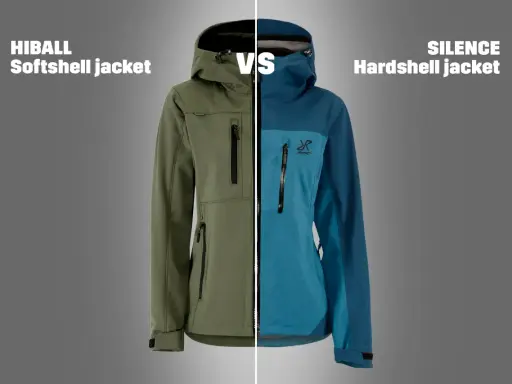 Zielona kurtka softshell i niebieska kurtka hardshell, obie z kapturem i zamkami, porównane obok siebie.