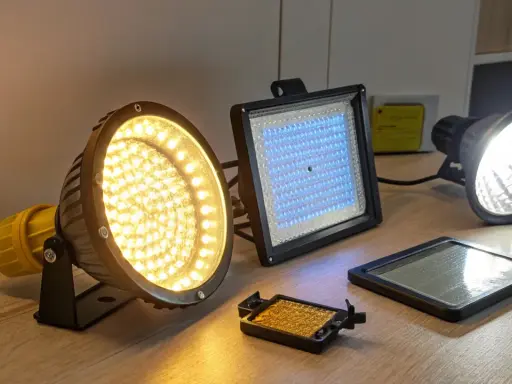 Różne źródła światła, w tym reflektor LED o ciepłej barwie, panel z niebieskimi diodami i tradycyjna żarówka halogenowa. Każda jednostka strumienia świetlnego ma swoje zastosowanie.
