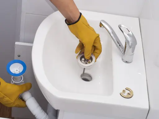 Manos enguantadas instalan el desagüe para cambiar el sifón del lavabo.