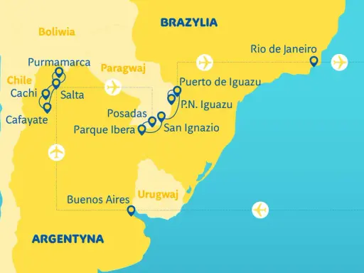 Mapa Brazylia z zaznaczonymi trasami podróży przez Argentynę, Boliwię, Paragwaj i Brazylię, z miastami jak Buenos Aires, Salta, Puerto Iguazu i Rio de Janeiro.