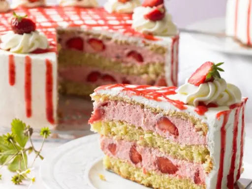 Eine moderne Erdbeertorte mit drei Schichten Biskuit, Erdbeercreme und frischen Erdbeeren, verziert mit Sahnetupfern und rotem Zuckerguss.