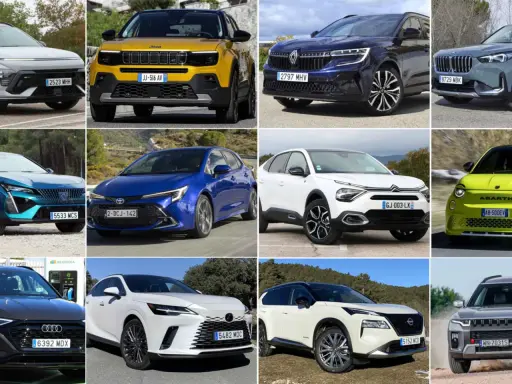 Un collage de coches nuevos y emocionantes, mostrando las últimas novedades coches. Incluye modelos de Jeep, Renault, BMW, Peugeot, Toyota, Citroën, Abarth, Audi, Lexus y Nissan.