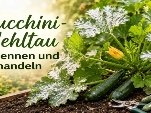 Zucchini-Mehltau befällt die Blätter einer Zucchinipflanze. Erkennen und behandeln Sie diesen Pilz frühzeitig für gesunde Ernte.