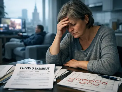 Zmartwiona kobieta pochyla się nad dokumentami, na których widnieje napis "POZEW O EKSMISJĘ". Zastanawia się, ile trwa eksmisja z mieszkania.