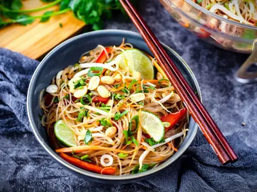 Schüssel mit Glasnudelsalat, Erdnüssen, Limette und knackigem Gemüse. Das Dressing macht ihn unwiderstehlich.