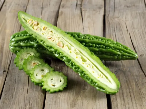 A halved bitter melon plant reveals its seedy interior, with sliced rounds fanned out on a rustic wooden surface.