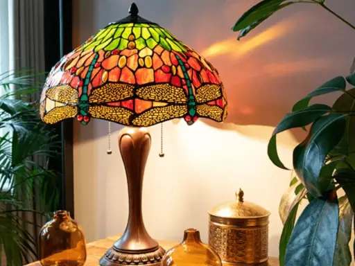 Lampe tiffany origine, abat-jour en vitrail coloré avec libellules, sur une table en bois avec des plantes.