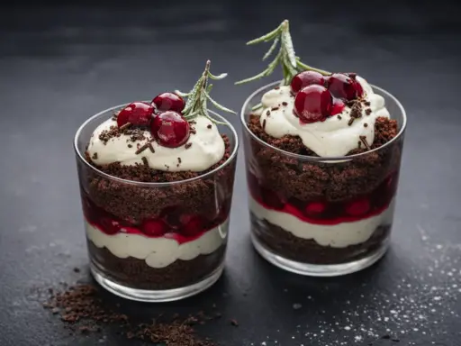 Zwei Schokoladen-Kirsch-Desserts im Glas, geschichtet mit dunklem Kuchen, Kirschen und Sahne, garniert mit frischen Kirschen und Rosmarin.