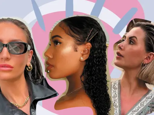 Drei Frauen mit glänzendem, nassem Haar und stylischem Schmuck. Eine trägt Sonnenbrille, die andere hat Haarnadeln im Haar.