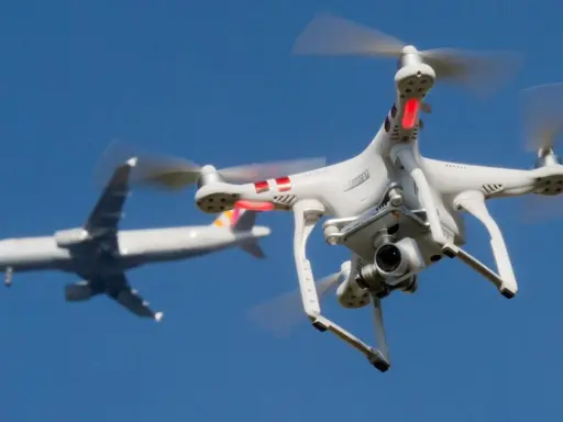 Eine Drohne fliegt in Deutschland nah an einem Flugzeug vorbei.