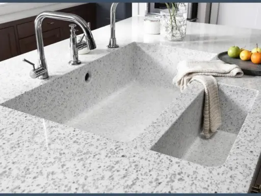 Évier de cuisine moderne en quartz ou granit, avec robinetterie chromée et une serviette pliée.
