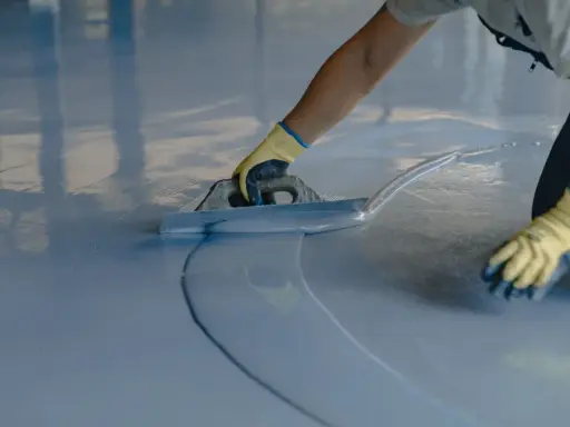 Persona con guantes amarillos aplica una capa de pintura azul clara sobre un suelo de terrazo con una llana.