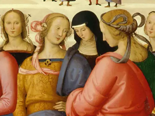 Dettaglio da "Lo sposalizio della Vergine" di Raffaello e Perugino: donne con abiti colorati e acconciature elaborate.