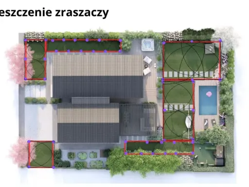 Wizualizacja rozmieszczenia zraszaczy na planie ogrodu z zaznaczonymi obszarami i zasięgami.