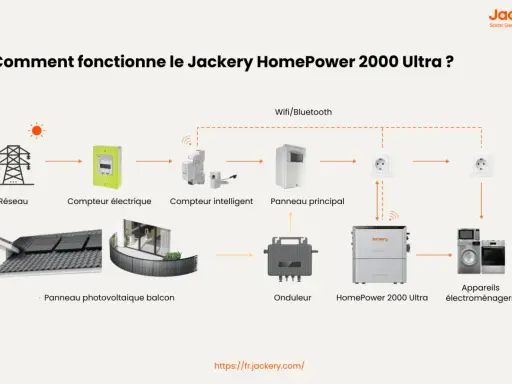 Schéma du fonctionnement du Jackery HomePower 2000 Ultra, incluant panneaux solaires, onduleur et appareils électroménagers. Idéal pour une déclaration ENEDIS panneau solaire plug and play.