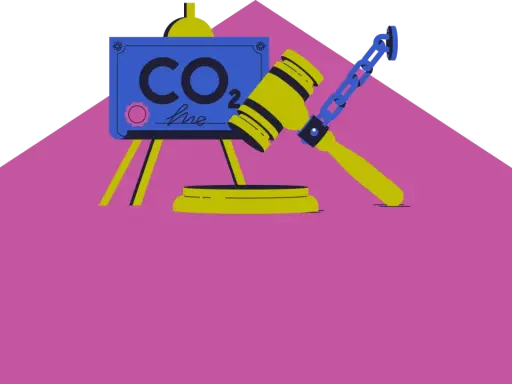 Ein Hammer liegt auf einem Schild mit der Aufschrift "CO2". Dies symbolisiert die Regulierung von CO2-Emissionen.