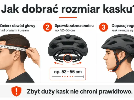 Jak dobrać kask rowerowy? Zmierz obwód głowy, sprawdź zakres rozmiaru i dopasuj regulację. Pamiętaj, że zbyt duży kask nie chroni prawidłowo.