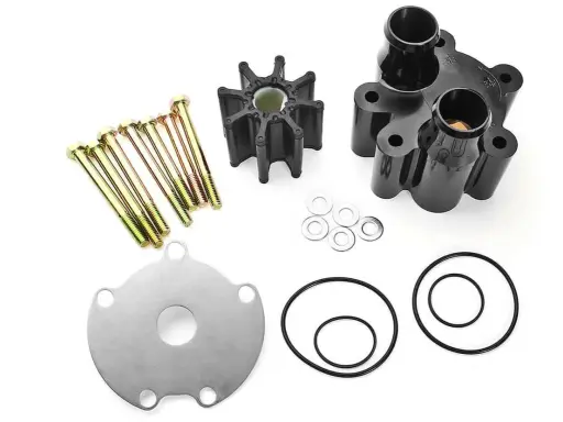Kit pour changer turbine moteur hors bord Mercury 2 temps : turbine, carter, vis, rondelles et joints.