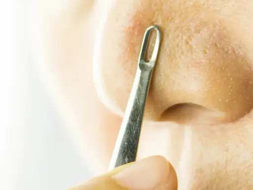 Un outil métallique est utilisé pour extraire un comédon fermé sur le nez.