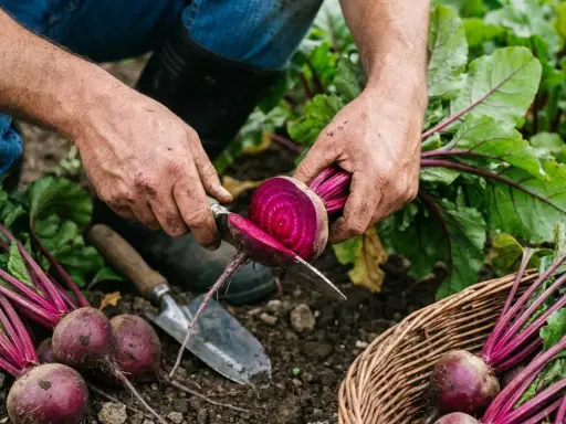 Un jardinier coupe une betterave fraîchement récoltée. La récolte est abondante, mais jusqu'à quand peut-on planter des betteraves pour profiter de ce légume ?
