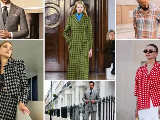 Collage showcasing various types of plaid: a man in a grey suit, a woman in a houndstooth jacket, a model in a green plaid coat, a man in a plaid shirt, and a woman in a red gingham top.