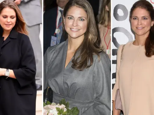 Prinsessan Madeleine gravid i tre olika kläder. Hon ser strålande ut i alla tre bilderna.
