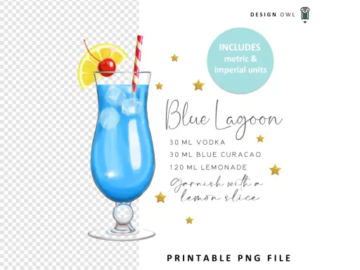Ein leuchtend blauer Blue Lagoon Cocktail mit Eiswürfeln, garniert mit Zitrone und Kirsche. Rezeptangaben sind sichtbar.