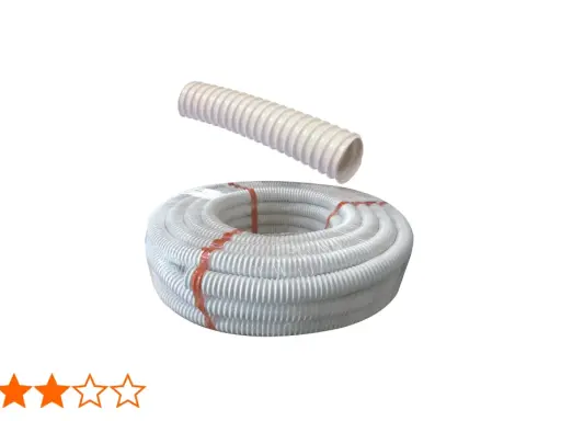 Un rouleau de tuyau accordéon PVC blanc, idéal pour vos installations. Un morceau est présenté séparément.