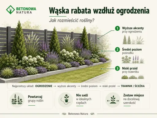 Wąska rabata przy płocie z warstwami roślin: wysokie przy ogrodzeniu, średnie pośrodku, niskie przy trawniku.