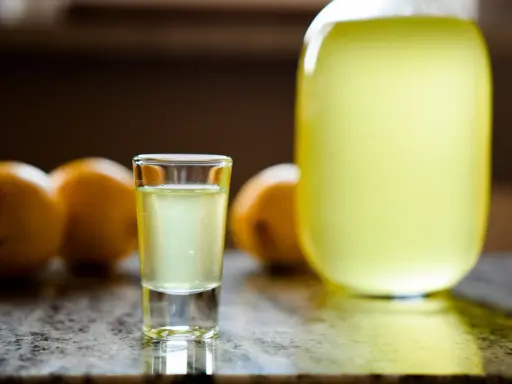 Szklaneczka domowego limoncello, obok cytryny i dużej butelki. Idealny przepis na orzeźwiający trunek.