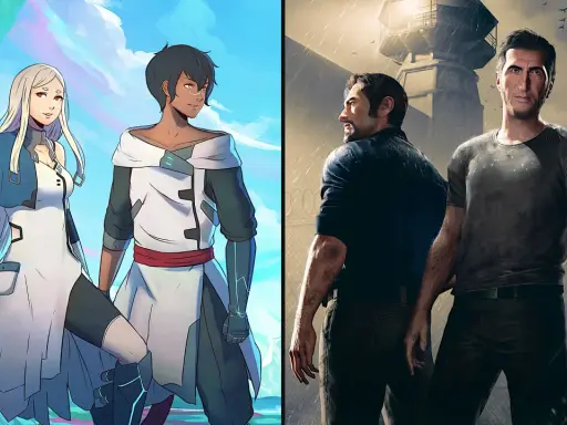 Dwie pary bohaterów, jedna w stylu anime, druga realistyczna, sugerują gry podobne do It Takes Two.