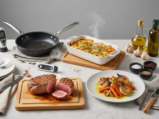 Filet de porc rôti, gratin fumant, légumes rôtis et thermomètres de cuisson. Idéal pour le temps de cuisson parfait d'un filet de porc au four.
