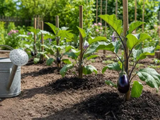 Arrosage d'une plantation d'aubergines en pleine croissance. Une aubergine mûre pend d'une plante soutenue par un tuteur.