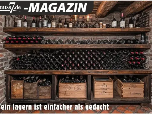 Holzregale mit zahlreichen Weinflaschen, teils liegend, teils stehend in Holzkisten. Perfekte wein aufbewahrung für Genießer.