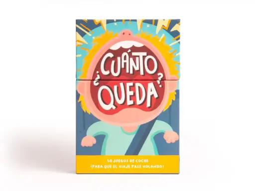 Caja de juegos para el coche de niños con un dibujo de una cara gritando "¿Cuánto queda?". ¡50 juegos para que el viaje pase volando!