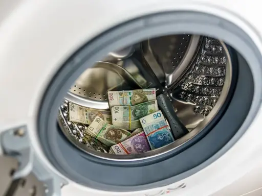 Stosy polskich banknotów w pralce, sugerujące pranie pieniędzy.