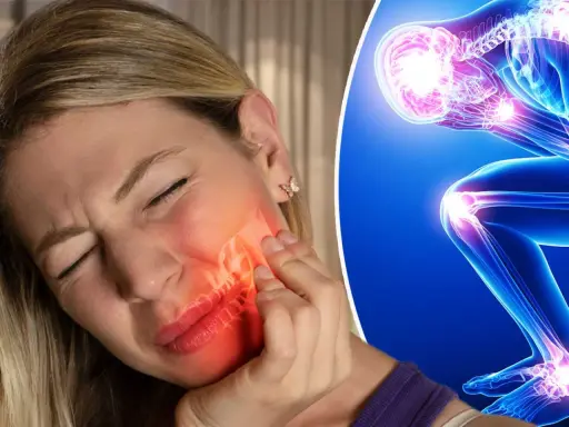 Kvinna med ont i tinningen, troligen av stress. Bilden visar även en skelettfigur med smärta i lederna.
