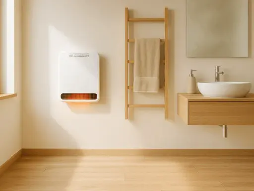 Chauffage salle de bain mural blanc diffusant une douce chaleur orangée. Un porte-serviettes en bois et un lavabo complètent l'ensemble.