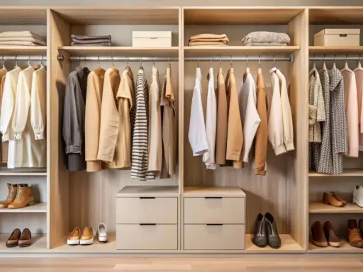 Interior de armario empotrado con ropa colgada y doblada, y zapatos en estantes.