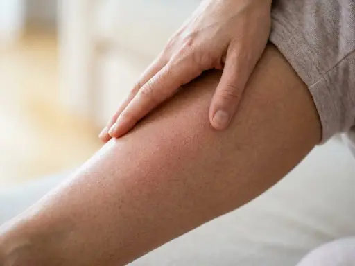 Eine Hand streicht über ein Bein mit geröteter, schuppiger Haut. Das Jucken der beine beim laufen ist deutlich zu spüren.