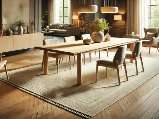 En ljus matta under ett träbord med stolar, perfekt för familjens middagar.