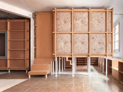 Progetto di ristrutturare casa con 10.000 euro: struttura in legno grezzo, pannelli isolanti e arredi modulari in cartone.
