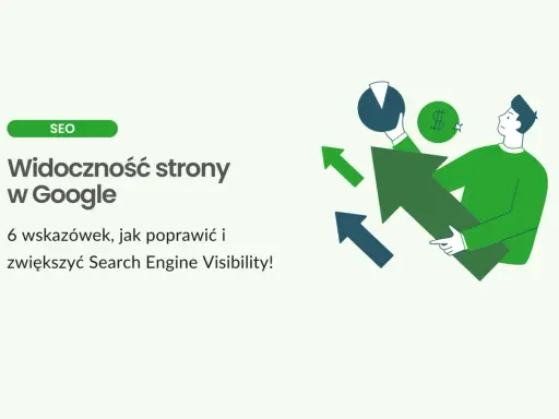 Ilustracja przedstawia mężczyznę trzymającego strzałkę w górę, symbolizującą wzrost. Obok znajdują się wykres kołowy i symbol dolara, sugerujące sukces w pozycjonowaniu organicznym.